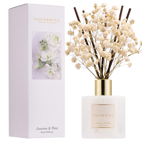 Image of COCORRINA Reed Diffuser - Jasmine & Mint 6.7 Fl.oz Reed Diffuser Set with Sticks & Preserved Baby's Breath, Reed Diffuser for Home Bathroom Shelf Decor