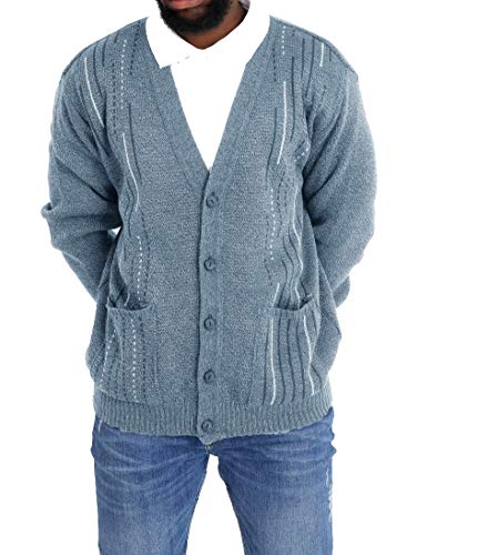 Louie James Mens Classic Zip and Button Up Gentleman Cardigan Long Sleeve Pattern Knitwear (Striped Button - Denim, M)