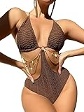 OYOANGLE Women's Chain Linked Cut Out Halter One Piece Swimsuit Tummy Control Bathing Suit Chocolate Brown L