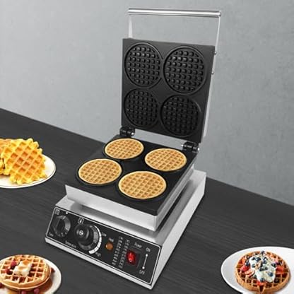 1750 Watt elektrisches Waffeleisen, kommerzielles 4-Fach-Waffeleisen mit Antihaftbeschichtung, Edelstahl-Waffeleisen mit Temperatureinstellung für Restaurants, Kantinen, Bäckereien – Bild 4