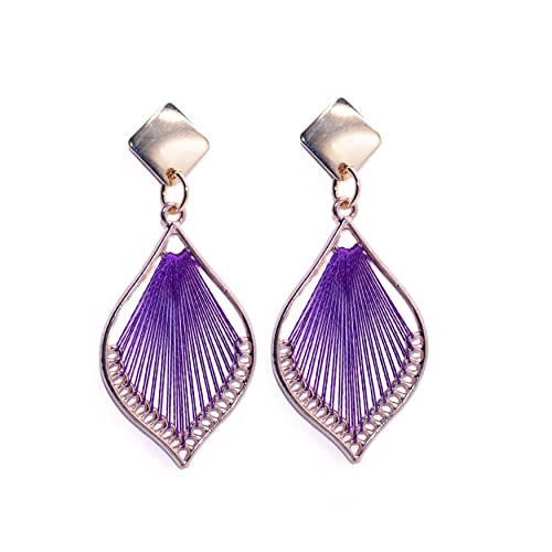 NILUXE DESIGN - Pendientes Tejidos Mujer con Forma de Gota - Pendientes Colgantes Largos Ligeros - Rombos Chapados en Oro 14k - Tejidos con Hilo de Seda – Estilo Bohemio - Ideal para regalar(Morado)