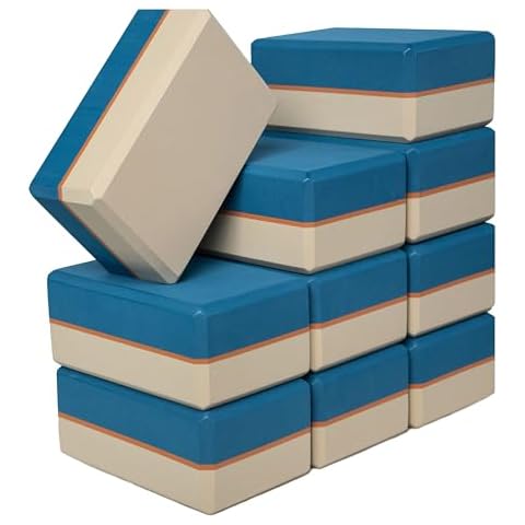 Sunshine Yoga 4" Striped Yoga Block, 10 Pack Bulk EVA Foam Yoga Blocks, Firm and Supportive Yoga Brick, Balance Foam for Stretching, Pilates, and Workout, 4" x 6" x 9", Shoreline Cover