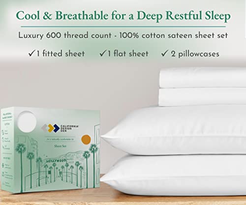 California Design Den 5-Star Hotel Quality 600 Thread Count 100% Cotton Sheets For Queen Size Bed, Soft, Crisp & Smoother Than Egyptian Cotton, Sateen Weave White Sheets, 4 Pc Sheet Set (Queen, White) #TOP2