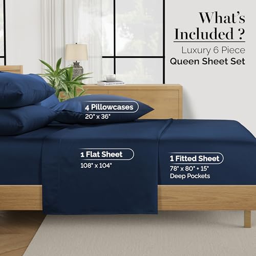 Casa Platino 100% Egyptian Cotton Sheets Queen Size Set - 6 Pcs (1 Flat, 1 Fitted, 4 Pillowcases) - - Ultra Smooth Sateen Weave Bed Sheets Set with 15" Deep Pockets - Navy Blue