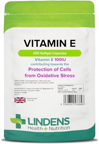 Lindens Vitamin E Oil 100IU - 200 Capsules - UK Made - Skin - Powerful Antioxidant | Protection of Cells from Oxidative Stress | Vitamin E Capsules | Letterbox Friendly