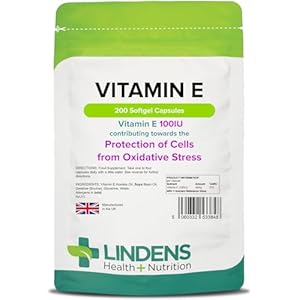 Lindens Vitamin E Oil 100IU – 200 Capsules – UK Made – Skin – Powerful Antioxidant | Protection of Cells from Oxidative Stress | Vitamin E Capsules | Letterbox Friendly