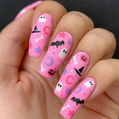 24Pcs Pink Halloween Press on Nails Long Square Shaped Fake Nails with Ghost Bat Pumpkin Design Matte Halloween False Nail Cute Stick on Nail Full Cover Artificial Glue on Nails for Women Manicure
