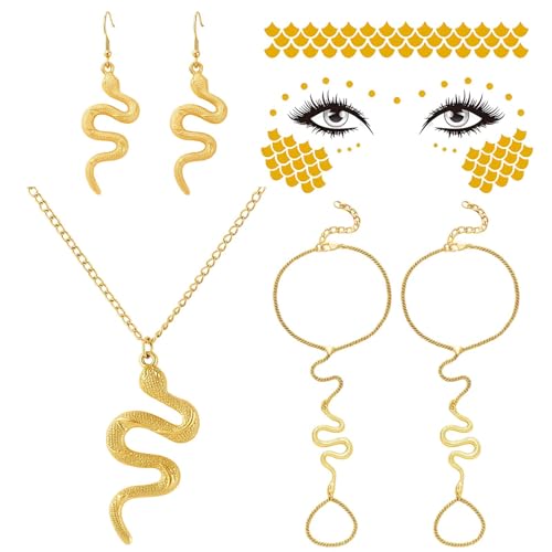 Medusa Schmuckset Damen 6-teilig – Schlangen Halskette, 2 Schlangen Ohrringe and Armbänder & Gesichtstattoo – Ägyptische Cleopatra Kostüm Accessoires für Damen, kleopatra kostüm,Karneval& Cosplay