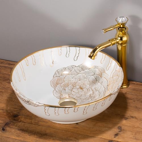 White Ceramic Bathroom Vessel Sinks Luxury 100% Hand Painted Peony Flower with REAL Gold Rim Decoration Round Sink Basin for Vanity Top by jdzjybqx - Image 3