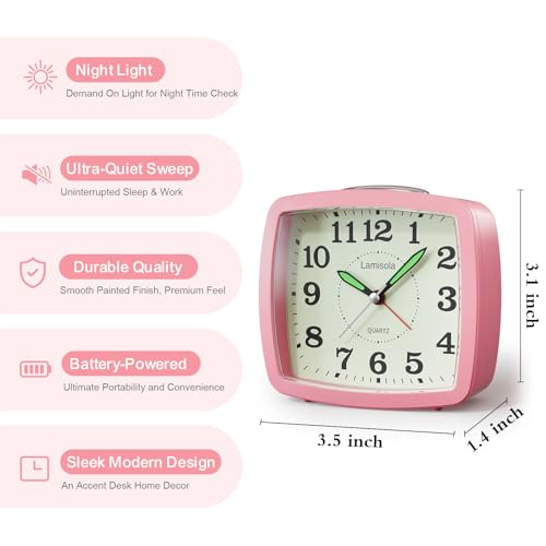 Image of Lamisola Analog Travel Alarm Clock for Bedroom, Small Desk Clock, Pink | Retro Battery Clock for Bathroom Shelf Table Bedside, Night Light Silent Snooze Clear Display for Kids Teens Girls