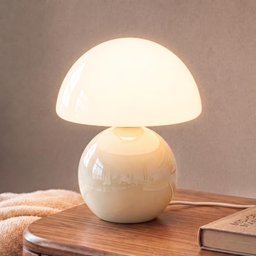 Image of Dawnwake Mushroom Lamp Table Lamp for Bedroom-Small Desk Table Lamps,Cream | 8.7 inch Mid Century Modern Table Lamps for Living Room Bedroom Decor,Cute Ceramic Lamps for Mushroom Home Room Decor,Glass Shade