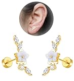 Enticera 20G Cartilage Earrings for Women 14K Gold Stainless Steel Flat Back Cartilage Stud Earrings for Sensitive Ear Leaf Opal CZ Handmade Helix Conch Piercing Jewelry Gold Flower
