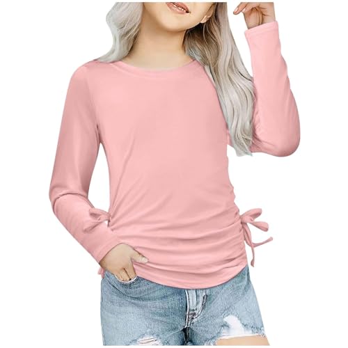 Kids Girls Long Sleeve Shirts Solid Crew Neck Bow Ruched Knot Side Tunic Blouse Tops Trendy Regular Fit Pullover Tees