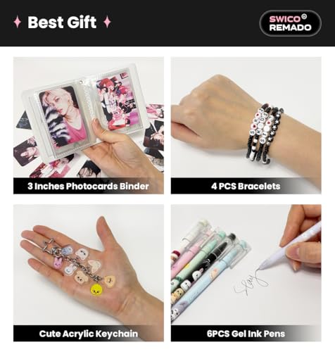 Stray Merch Gift Box Set, Including 60 Photocards, 96 Stickers, 3 Inches Photocards Binder, 4 Bracelets, Foldable Mirror, 2 Button Pins, Keychain, Fridge Magnet, Phone Ring Holder, 6 Pens for STAY by Swico Remado - Used condition - Image 5