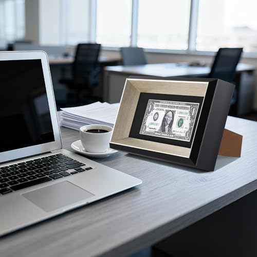 Space Art Deco,4x9 Dollar Bill Frame with Mat, Easel Stand for Tabletop or D-Ring Hangers Wall Mounting (Black/Silver,1-Pack)