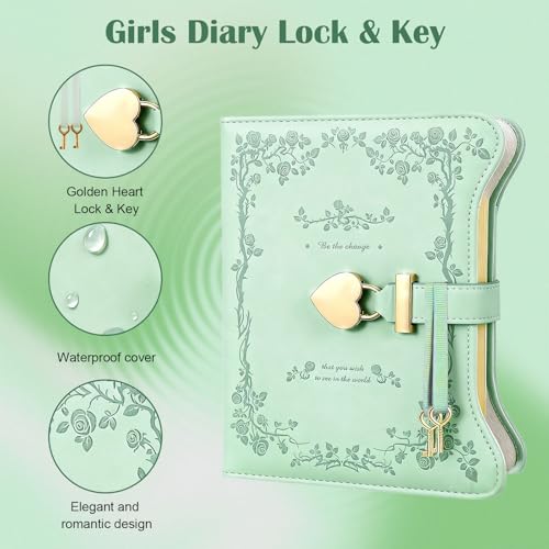 Nidoul Girls Gifts Diary with Lock for Girls Ages 8-14,The Princess Diaries 360 Pages with Lock,Keys and Pen,Journal Notebook Secret Diary for Girls Cute Gifts (Elegant Green) - Image 3