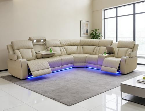 Anthato Power Recliner Sectional Sofa Set, Living Room Furniture Sets, L-Shaped Recliner Sofa Set, Breathing Leather Luxury Reclining Couch with Coffee Table/Storage for Living Room (Sectional,Khaki)