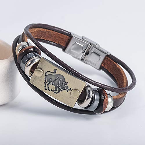 Image of Young & Forever Zodiac Sign Multi-Strand Genuine Leather Bracelet for Men & Boys - Adjustable Tribal Wristband with Antique Metal Charm