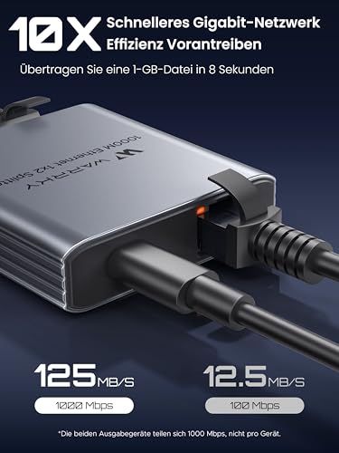 Warrky LAN Splitter 1 auf 2, 1000Mbps Ethernet Splitter mit Type-C-Netzkabel
