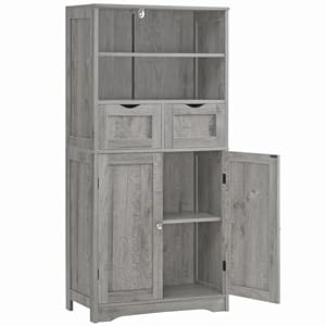 Iwell Tall Storage Cabinet with 2 Drawers & Adjustable Shelves, Bathroom Cabinet with Doors, Cupboard, Floor Cabinet for Living Room, Dining Room, Entryway, Grey