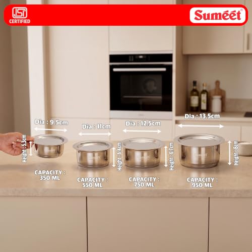 Image of Sumeet ISI Certified Induction Bottom (Encapsulated Bottom) Induction & Gas Stove Friendly Small Container Set /Tope /Cookware Set of 4Pcs with Lid - 350ml, 550ml, 750ml, 950ml - Silver