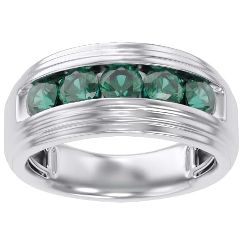 Men's Wedding Band Ring 4mm Round Cut Green Emerald Lab Grown Gemstone Engagement or Anniversary Rings In 14K Solid White Gold Size 12.5