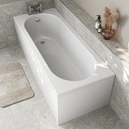 Baystone 1600 x 700mm Single Ended Straight Bath White Gloss Soaking Bathttub, Acrylic Baths for Bathrooms, Straight Curved, Adjustable Feet, No Panel
