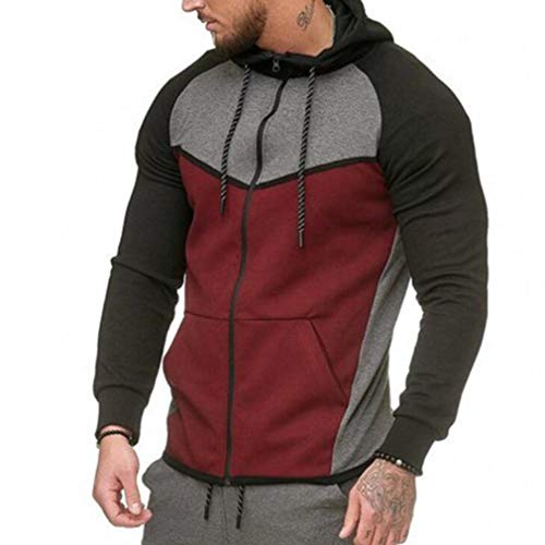 Mxssi Men Fleece Sports Sweatshirt Casual Patchwork Pullover Jacket Jogging Hoodies Tops Wine Red 2XL