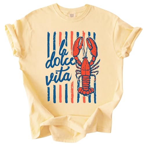 FITIN Italian The Sweet Life Lobster Garment-Dyed T-Shirt Lobster Graphic Tee Unisex Summer Seafood T-Shirt (US Alpha Small Regular Regular Butter)