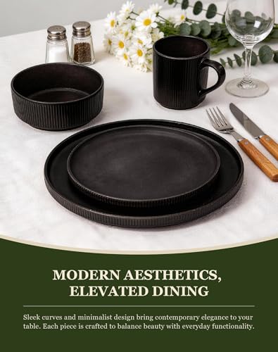 Image of OTAGO 24-Piece Dinnerware Set for 6 with Mugs, Ribbed Stoneware Plates and Bowls Sets, Unique Handcrafted Reactive Glaze, Chip and Scratch Resistant Dish Set, Microwave & Dishwasher Safe, Black