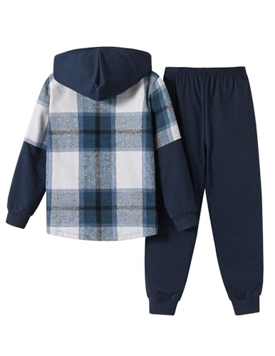 Image of 2Pcs Boys Clothes Sweatsuit Set Hoodie Flannel Plaid Shirt and Jogger Pants for Kids Fall Winter Spring Outfits