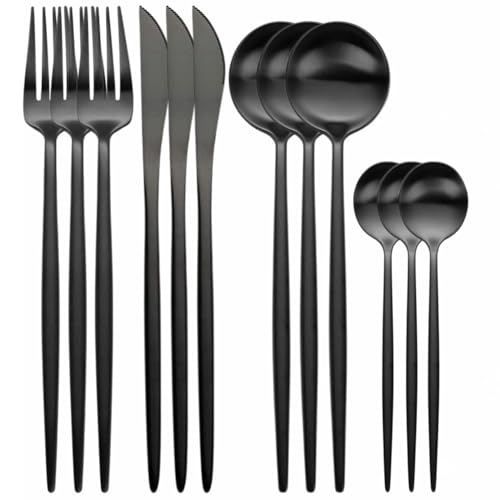Image of 12 pcs Flatware Set, Black Silverware Set for 3, Knife Fork Spoon, Stainless Steel Home Dinnerware Tableware,Mixed Cutlery Set Eating Utensils for Restaurants (12 Pcs Black)