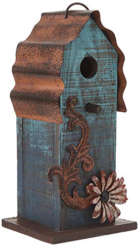 Aqua Blue with Red Flower Scroll Wood and Tin Roof 10 inch Hanging Birdhouse