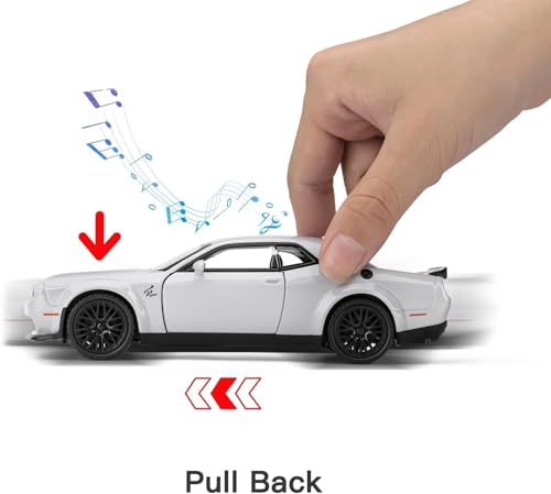Image of WORSHIPER 1:24 Dodge Challenger SRT Exclusive Alloy Metal Pull Back Die-cast Car Model with Sound Light Mini Auto Toy for Kids for Toy Car with Sound and Light (1:24 Dodge Challenger - Grey)