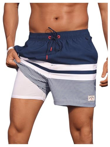 OYOANGLE Men's Swim Trunks Striped Beach Shorts Board Quick Dry Swimming Shorts Swimwear