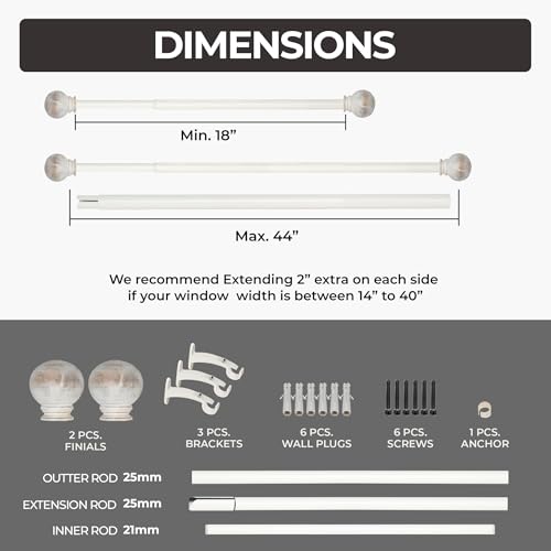 Image of Deco Window 18 inch-44 inch Adjustable Rustproof Curtain Rod for Doors & Windows with Brackets, Extendable Iron Metal Pipe Holder with Wood Ball Finials (Ivory,25MM Diameter)