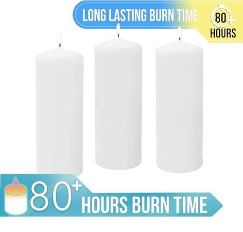 Image of Stonebriar 3 Pack Tall 3 x 8 Inch 80 Hour Long Burning Unscented White Wax Pillar Candles