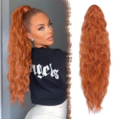 FESHFEN Coda Capelli Extension con Coulisse Lunga Rosso Rame Ondulati Ricci Posticci Sintetici, Coda Cavallo per Donna, 65 cm