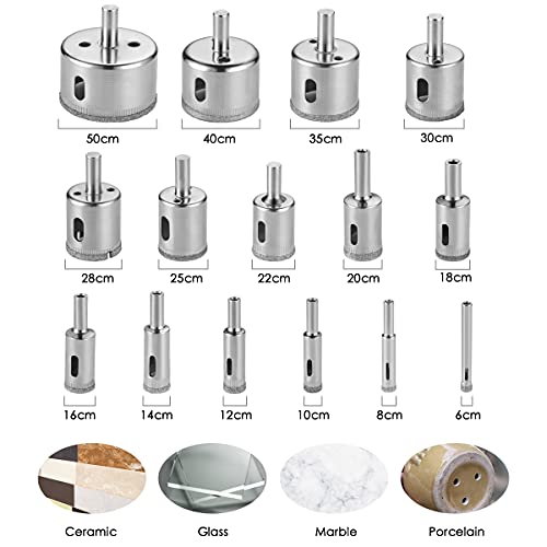 flintronic Diamond Drill Bit Set, 15PCS(8mm-50mm) Carbon Steel Hole Saw Cutter Tools Set for Glass/Tile/Ceramic/Marble/Porcelain Cutting 2 flintronic Diamond Drill Bit Set, 15PCS(8mm-50mm) Carbon Steel Hole Saw Cutter Tools Set for Glass/Tile/Ceramic/Marble/Porcelain Cutting - Image 2