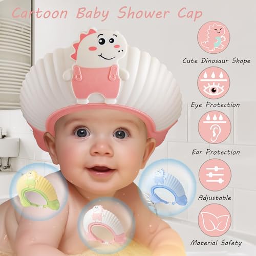 Image of Baby Shower Cap Shield, Shower Cap for Kids, Visor Hat for Eye and Ear Protection for 0-9 Years Old Children, Cute Little Dinosaur Shape Makes The Baby Bath More Fun (Pink) | Ages 0-9 Years, Kids Visor Hat, Bath Time Fun, Eye & Ear Shield