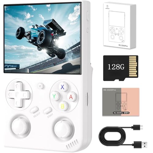 RG35XX Pro - Console da gioco portatile con schermo IPS da 3,5, costruita in scheda da 64 g&4435 giochi, sistema Linux di supporto WiFi Bluetooth (Bianco,128G)