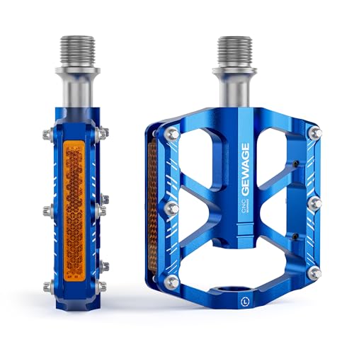 Mountain Bike Pedals - 3 Bearings Bicycle Pedals with Reflectors - 9/16” CNC Machined Flat Pedals with Removable Anti-Skid Nails for Road Mountain BMX MTB Bike (Blue)