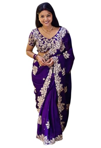 Image of Yashika Women's Organza Satin Butti Work With Zari Lace Border Embroidered Saree| Women Sari