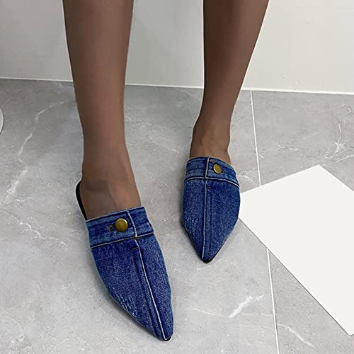 Flats Shoes Women Ladies Fashion Solid Color Denim Half Slippers Pointed Toe Flat Casual Shoes Workout Shoes For Women (Blue, 8.5) #TOP1
