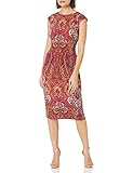 London Times Women's Petite Paisley Print Cap Sleeve midi Dress, Red Multi, 14P
