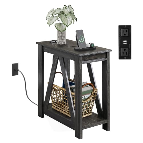 Image of WLIVE Narrow Black End Table with Charging Station of Open Storage Shelf, Sofa Side Table with 2 USB Ports and 2 Power Outlets, Slim Farmhouse End Table for Small Spaces, 11.8" D x 23.6" W x 23.74" H