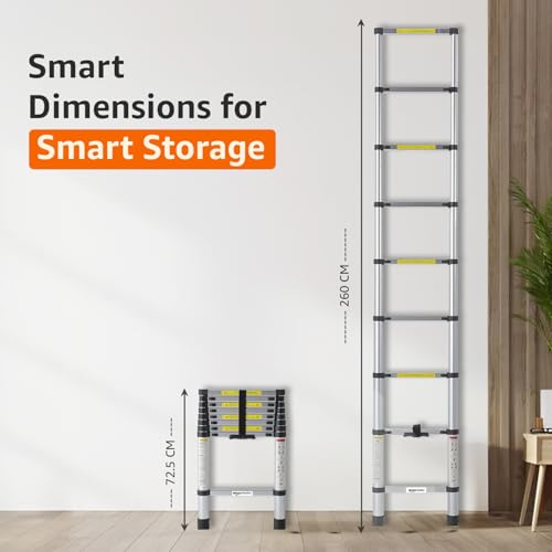 Image of Amazon Basics 2.6m (8.5 feet) Portable & Compact Aluminum Telescopic Ladder | 2-Year Warranty | EN131 Complied 9-Steps Foldable Multipurpose Step Ladder for Home & Outdoor use