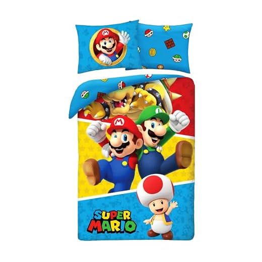 Bettwäsche-Set Super Mario mit Luigi Toad Bowser – Bettbezug 140 x 200 cm mit Kissenbezug 70 x 90 cm – 100 % Baumwolle, mehrfarbig