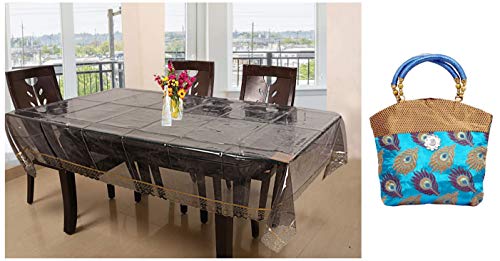 Kuber Industries Luxurious Golden Lace PVC 6 Seater Dining Table Cover – Black Transparent (CTKTC01272) & Women Mini Handbag 10 * 10 Inches in Stylish Design with Fancy Brocade (Sky. Combo
