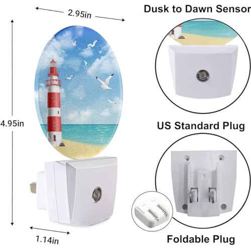 Image of Lighthouse Seabirds Night Lights Plug into Wall Ocean Beach Seagull Blue Sunny Sky Clouds LED Dusk to Dawn Plug-in Nightlight Auto Sensor for Bedroom Bathroom Hallway Living Room